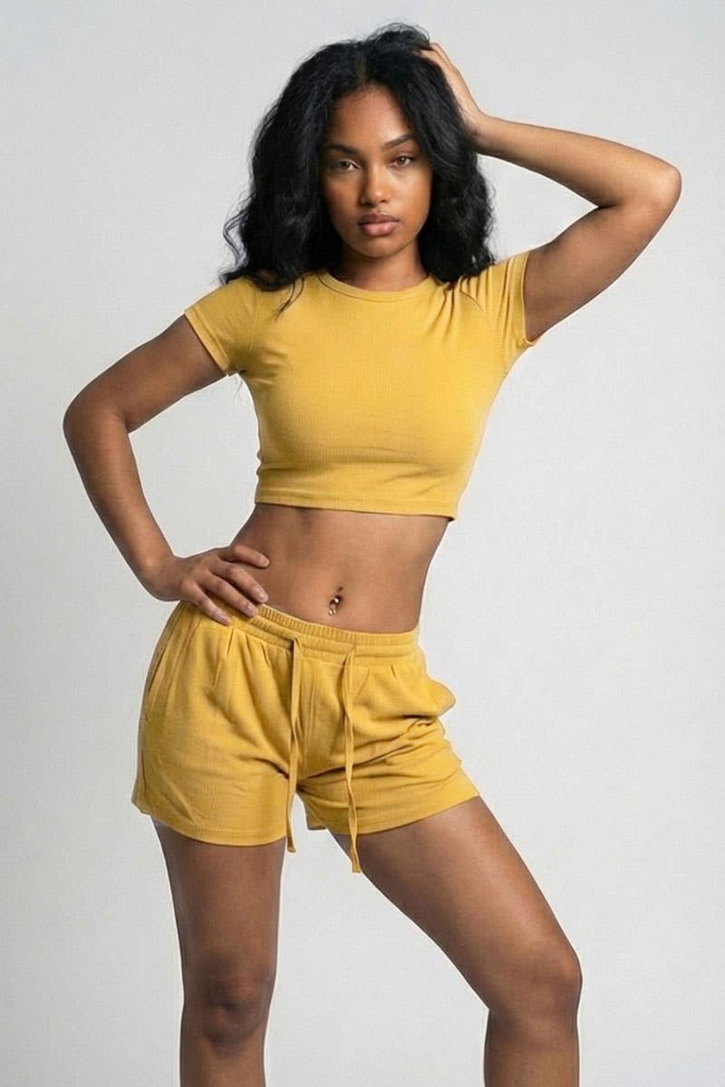 Ribbed Knit Drawstring Lounge Shorts Set