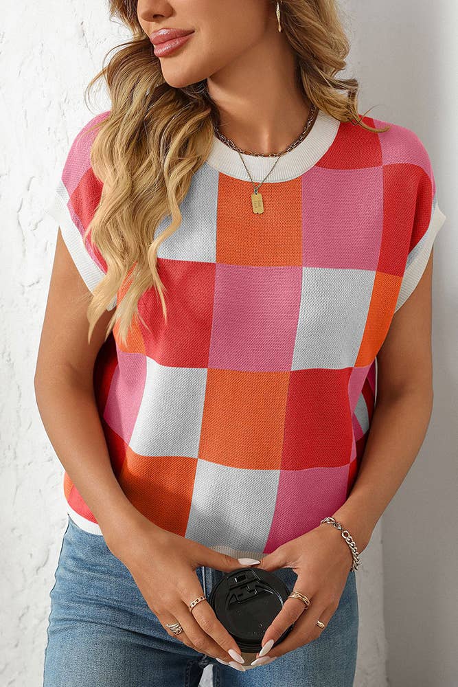 Cropped Color Block Crewneck Knit Checkerboard Sweater MD167