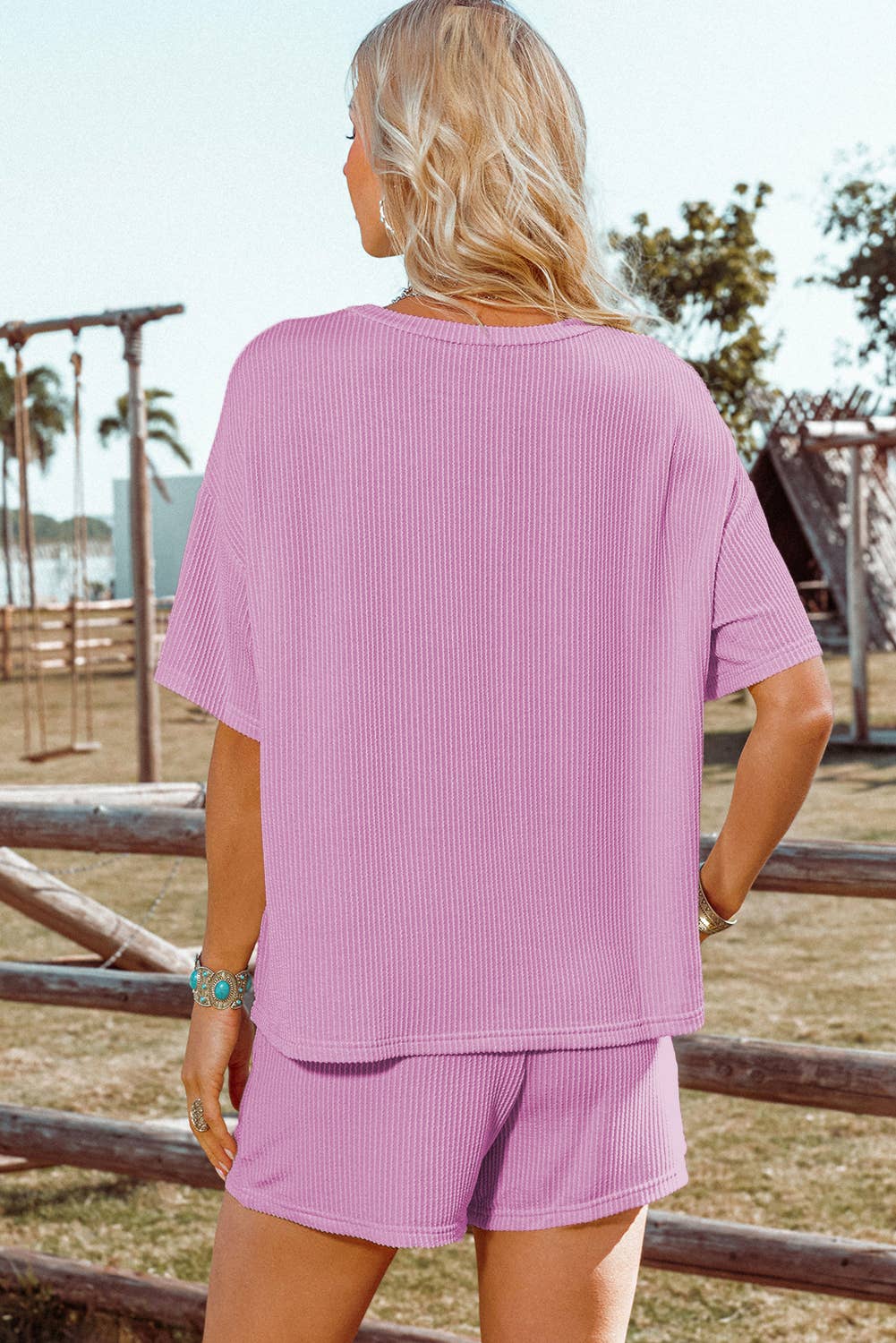 Ribbed Textured Knit Loose Fit Tee and Shorts Set