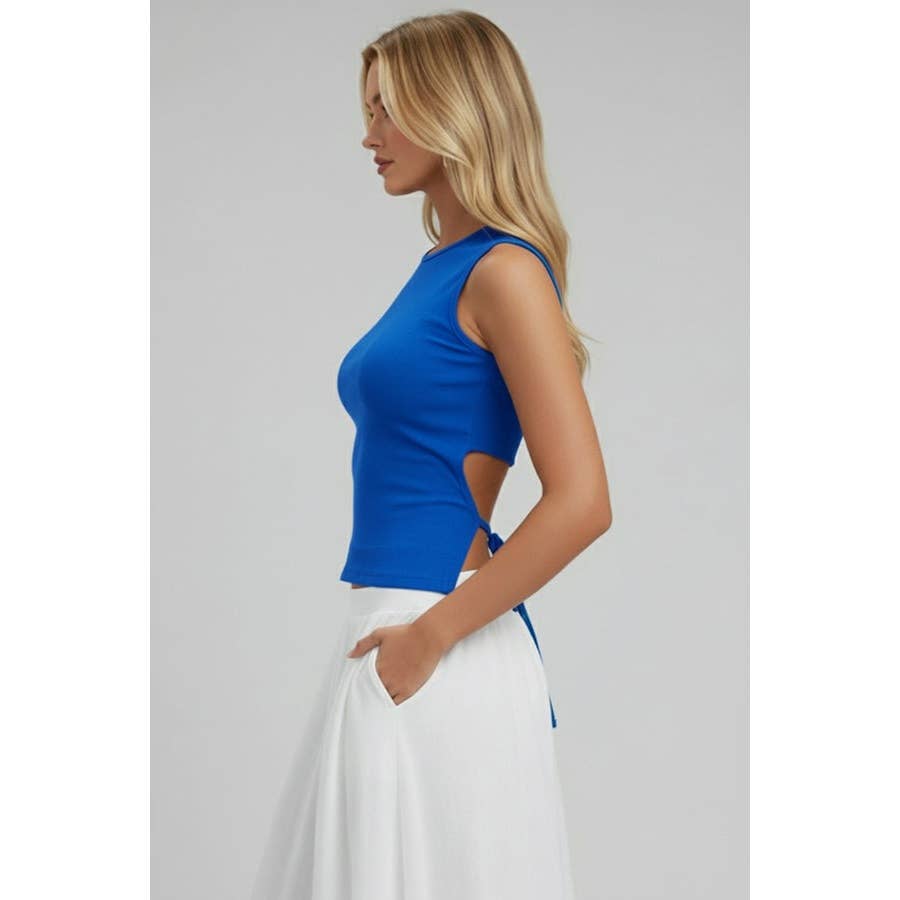 Sleeveless Mock Neck Top w Back Tie