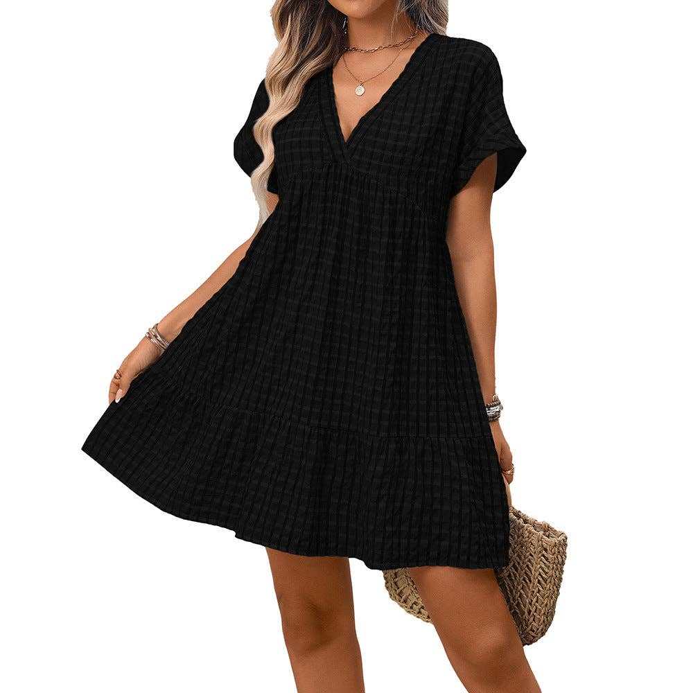 Checkered V Neck Short Sleeve Summer Dress