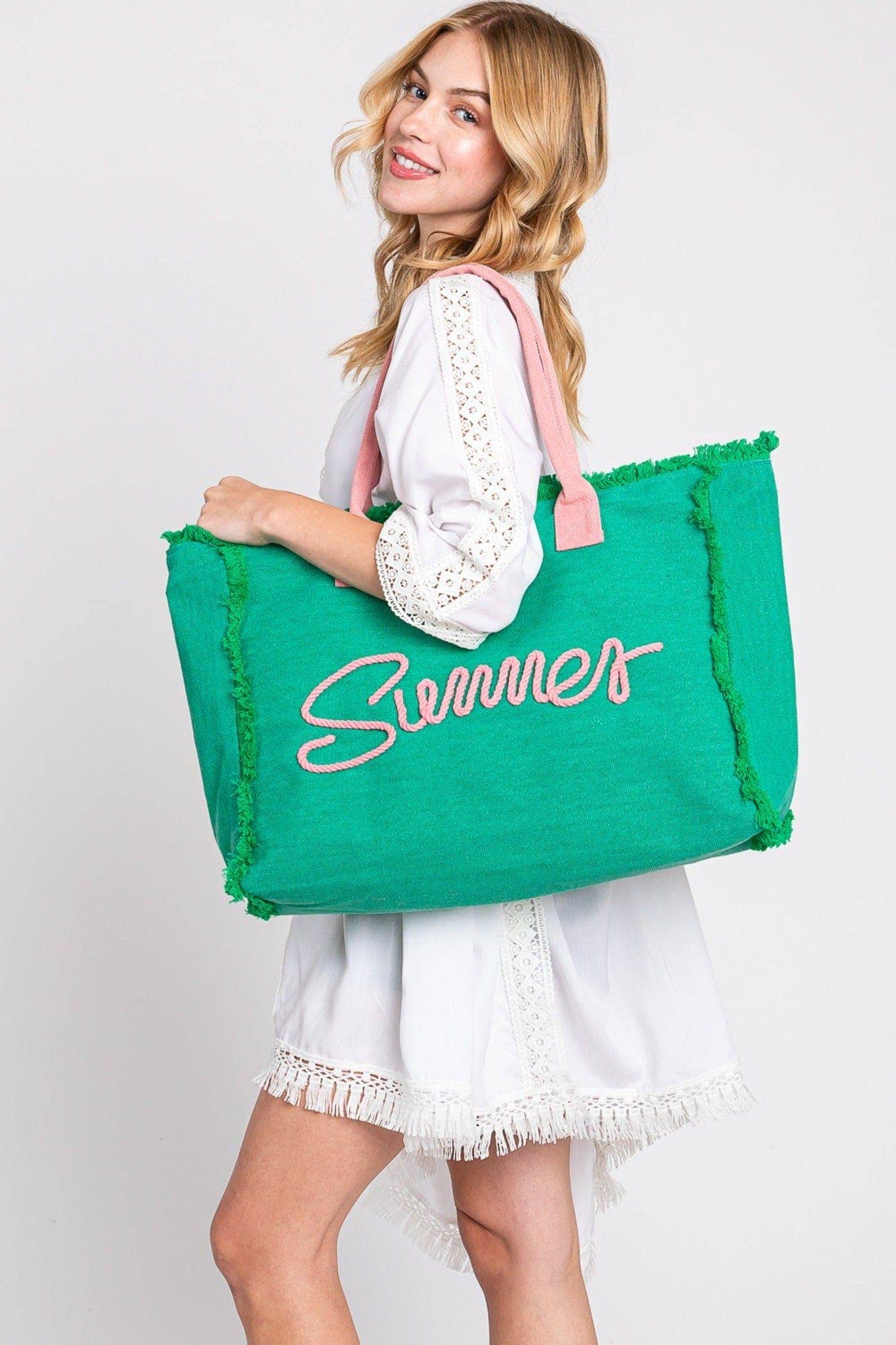 Sewn Rope Summer Letter Fringe Tote Bag: Orange