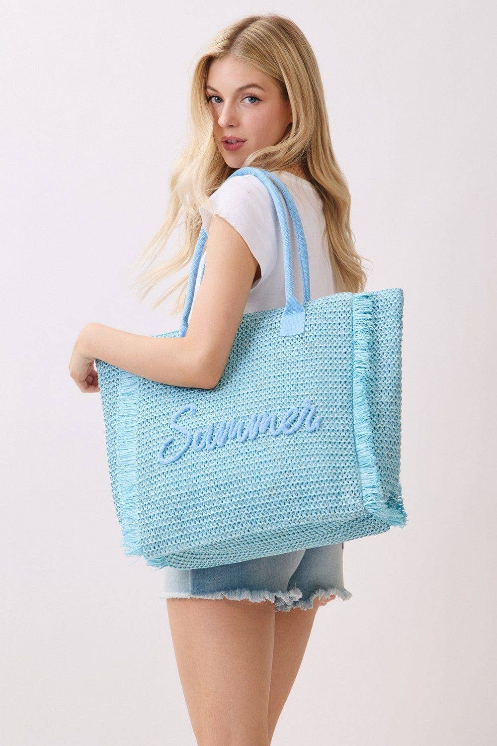 Straw Fringe Summer Beach Tote Bag: Pink