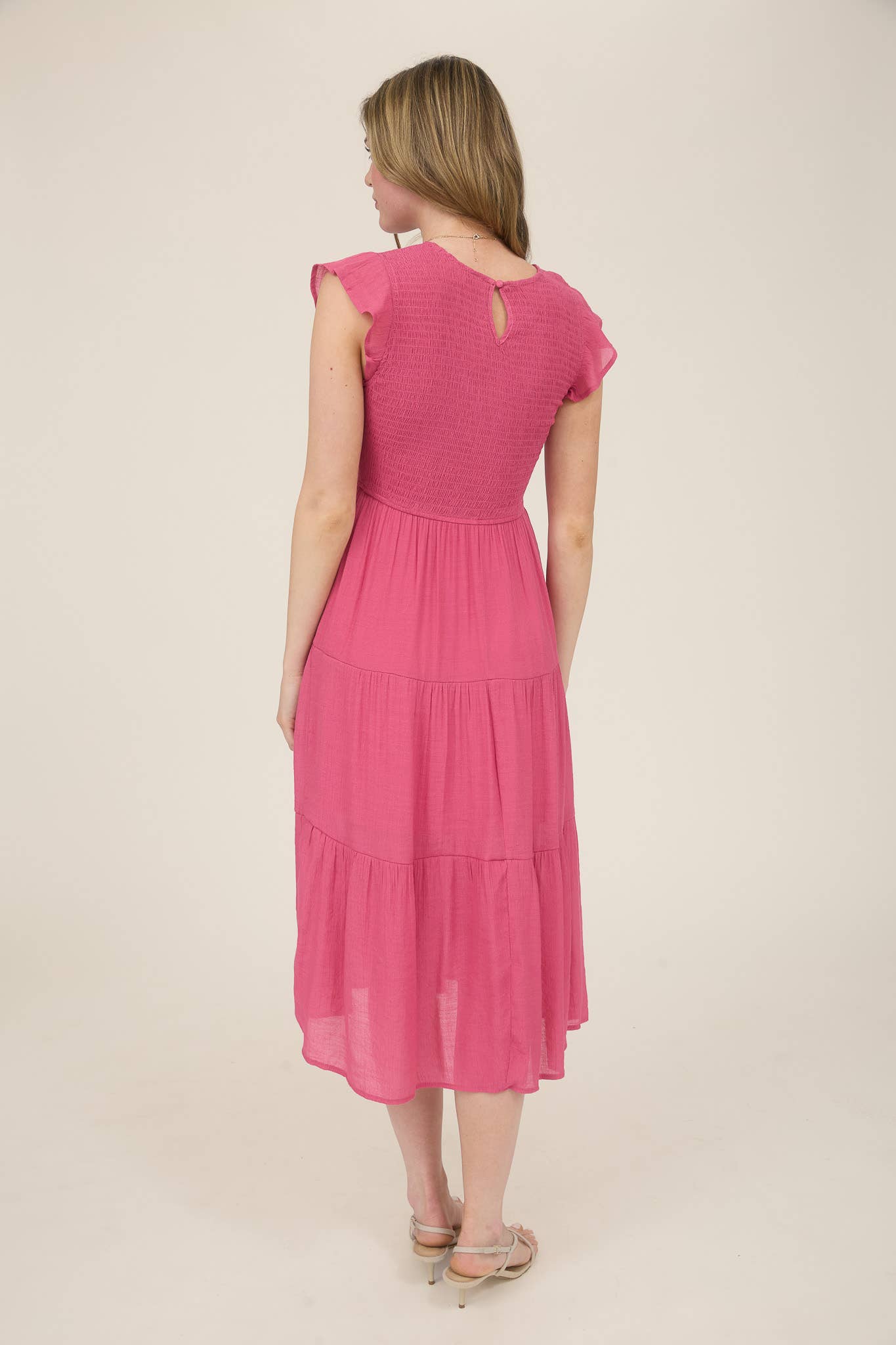 SMOCKED TIERED MIDI DRESS