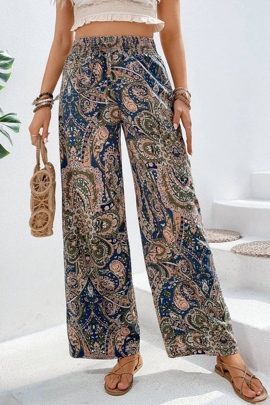 Paisley Print Boho Elastic Waist Wide Leg Pants