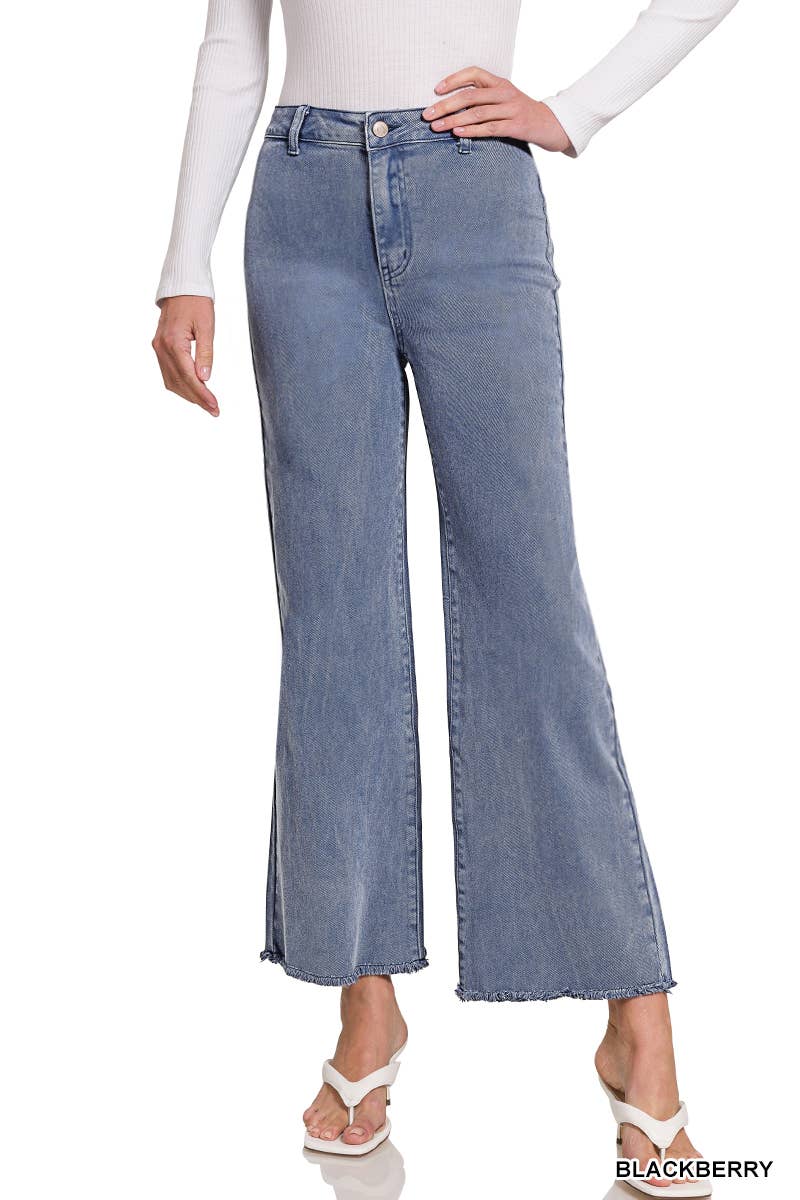 Acid Washed Frayed Cutoff Hem Straight Wide Pants